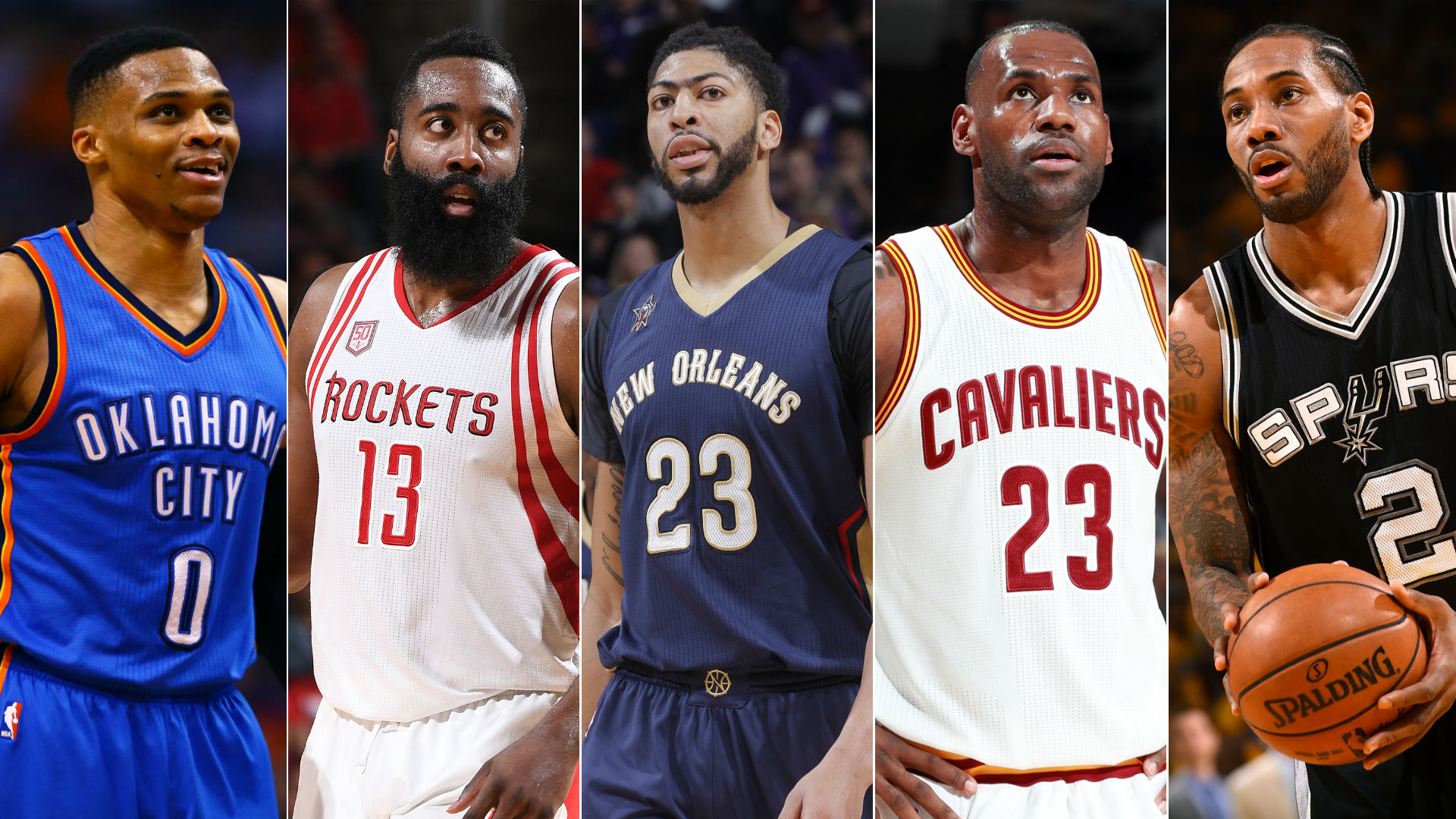 Resumen NBA año 2017. Los mejores jugadores de la NBA en 2017: Westbrook, Harden, Davis, LeBron y Leonard.