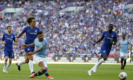 Manchester City campeón Community Shield 2018: Agüero anotando su segundo gol frente al Chelsea.