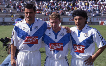 Míchel, Emilio Butragueño y Hugo Sánchez con la camiseta del Atlético Celaya